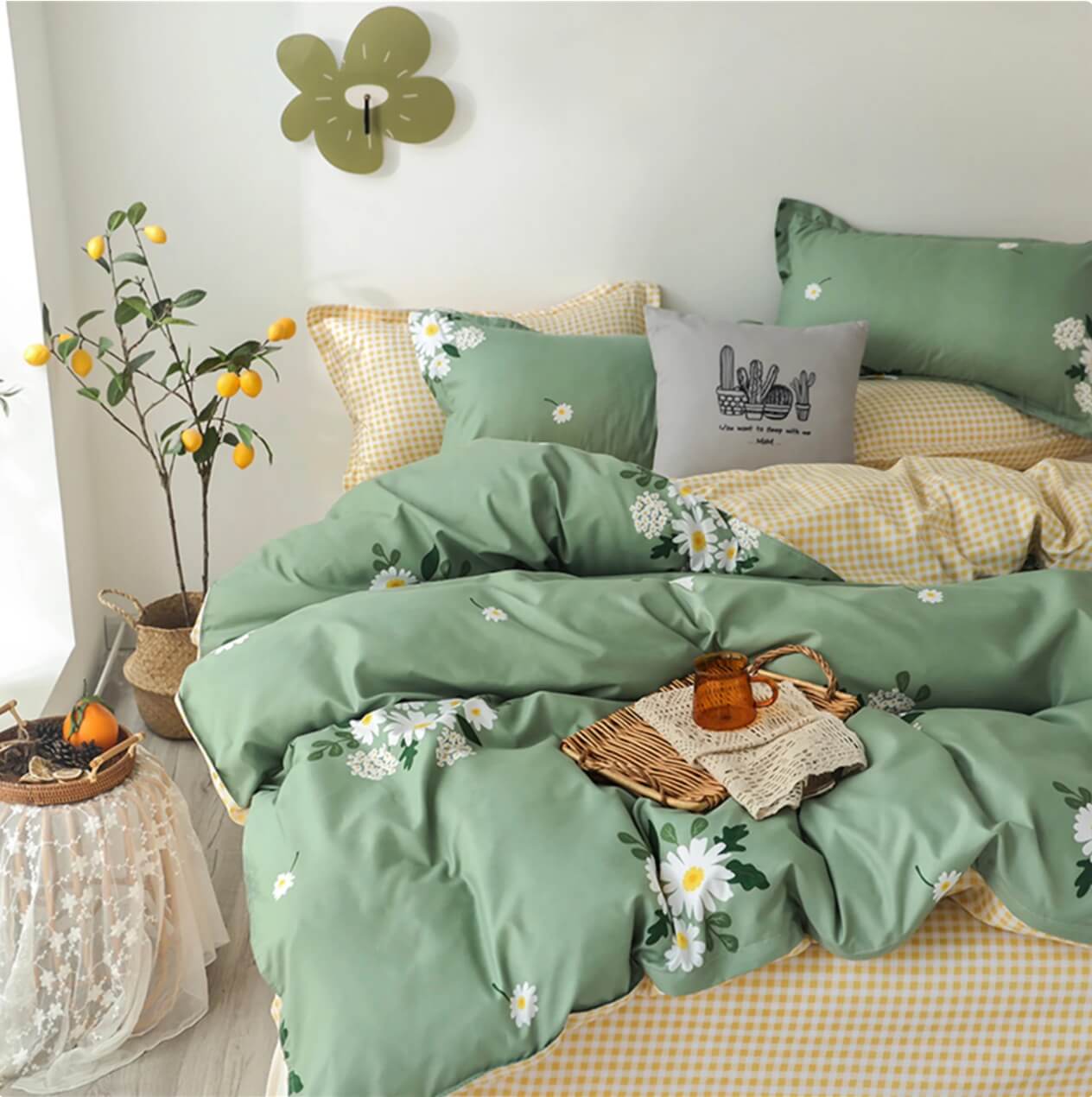 Etsy green bedspread white flowers